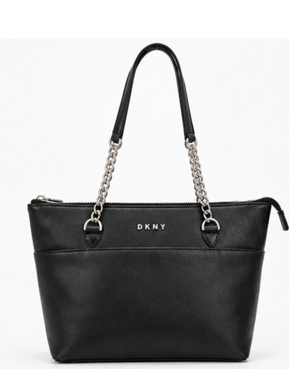 DKNY Black Saffiano Tote Shoulder Bag Gold Chain Straps Zip Top